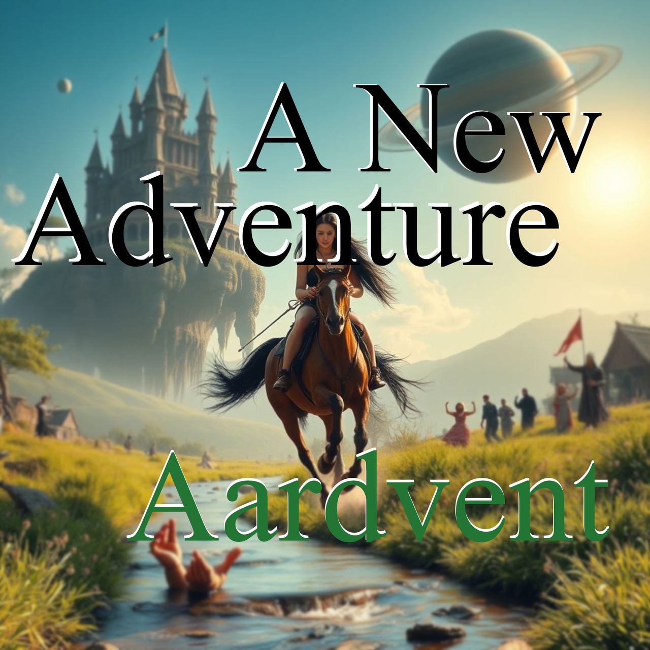 A girl on horseback with a sword rides hard away from the floating castle