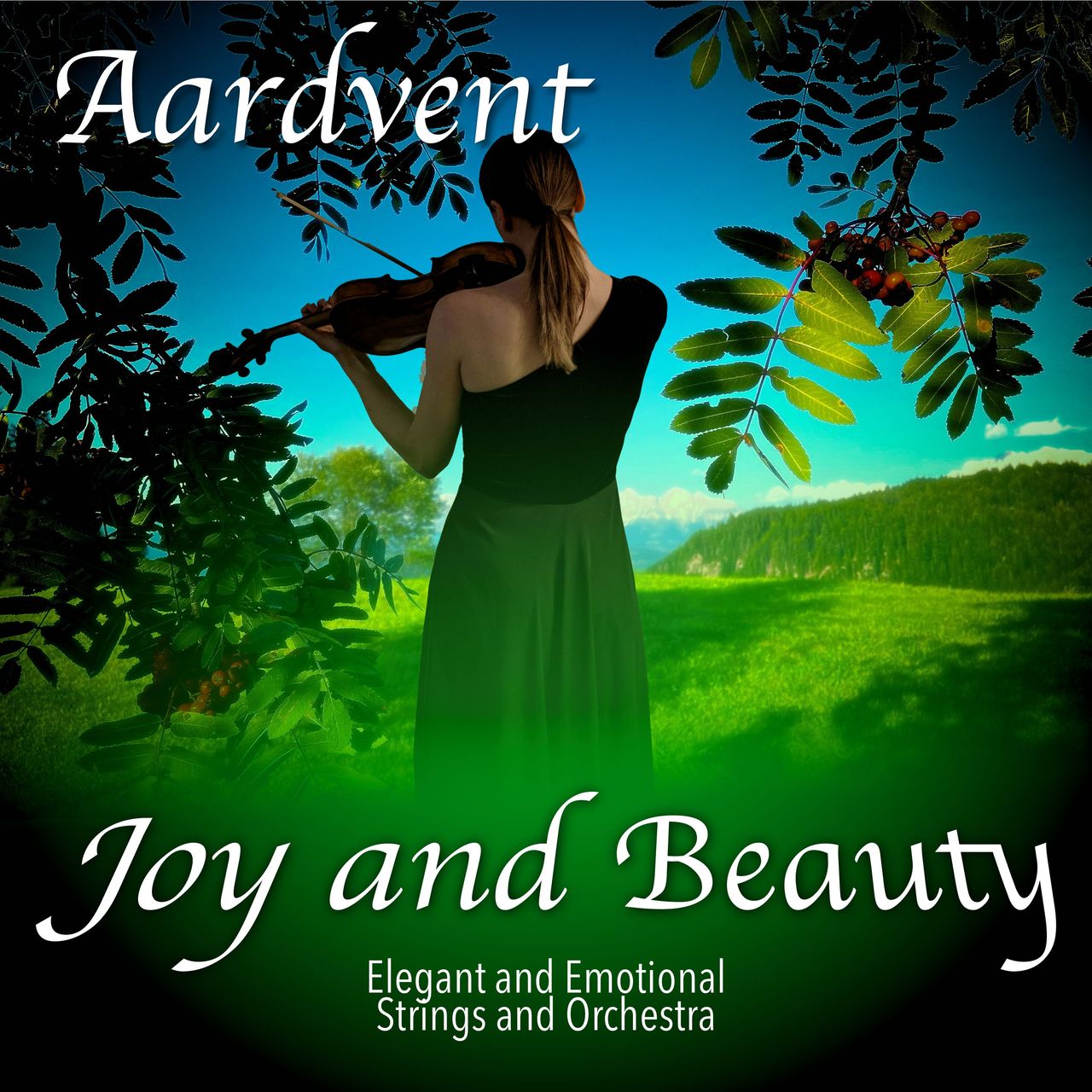 A girl plays a violin in a meadow