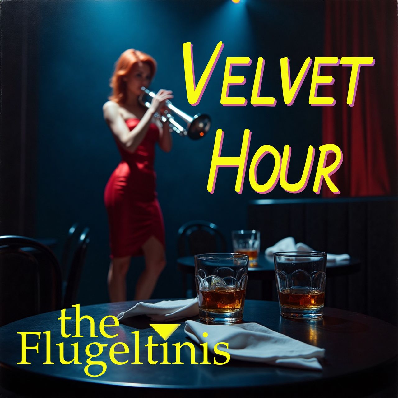 Girl playing a trumpet in a smokey jazz club